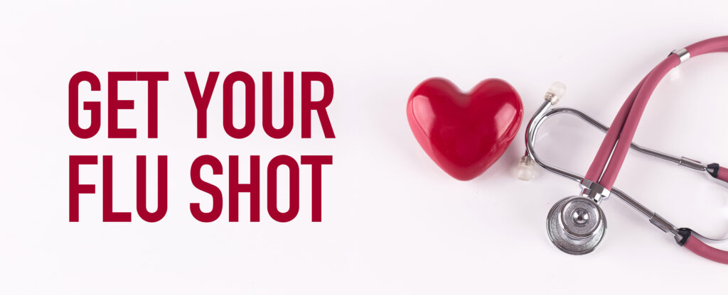 GET YOUR FLU SHOT concept with stethoscope and heart shape
