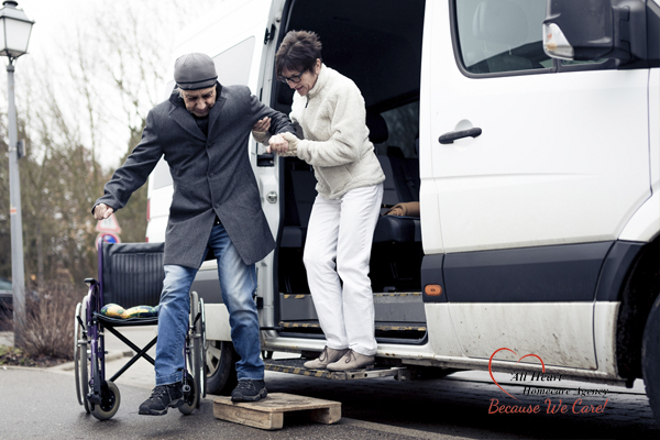 caregiver helps a senior with transportation